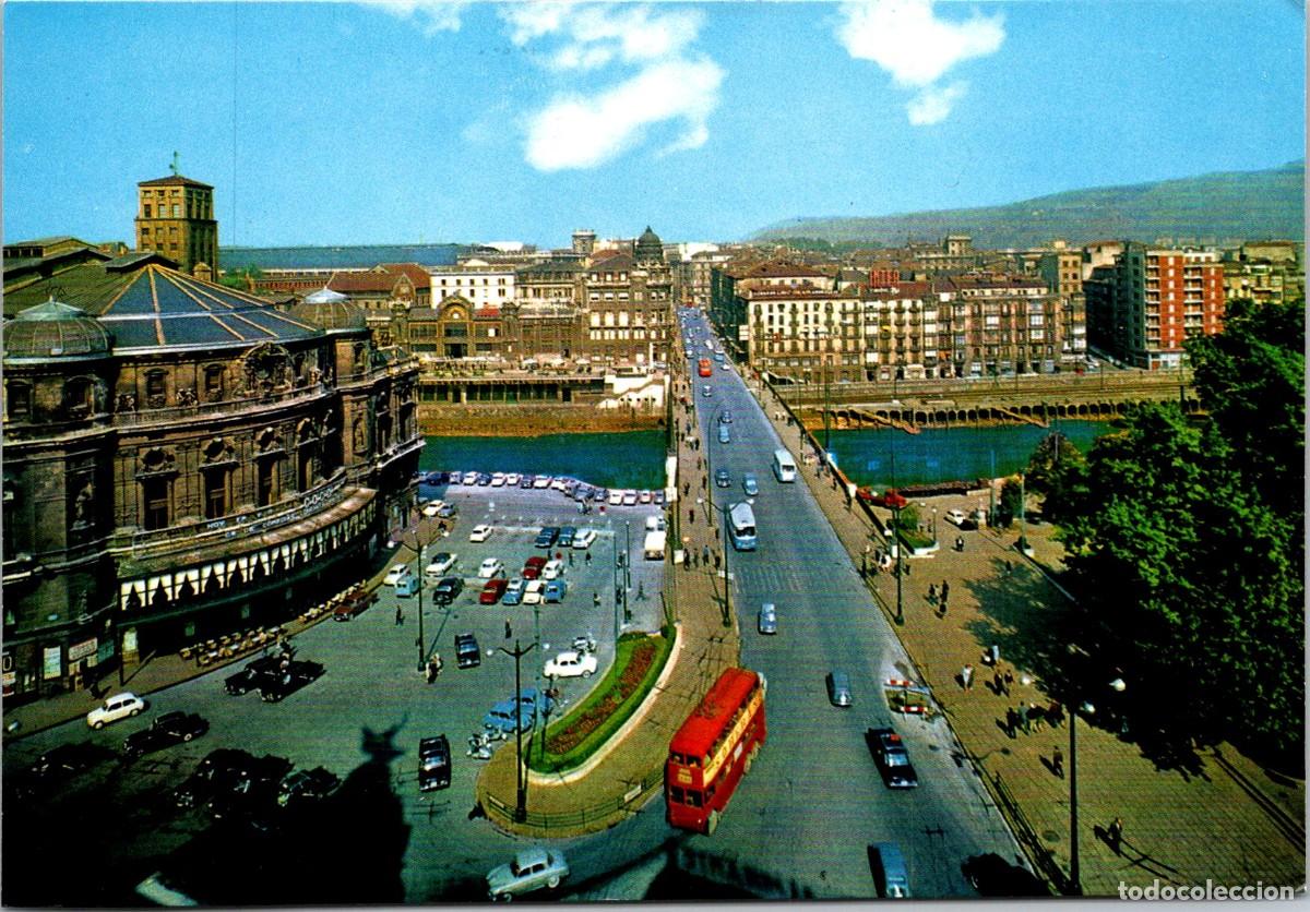 Postales: Bilbao - Plaza de Arriaga y Puente de la Victoria - Troleb&uacute;s 2 pisos - Obras en la Calle - Soberano