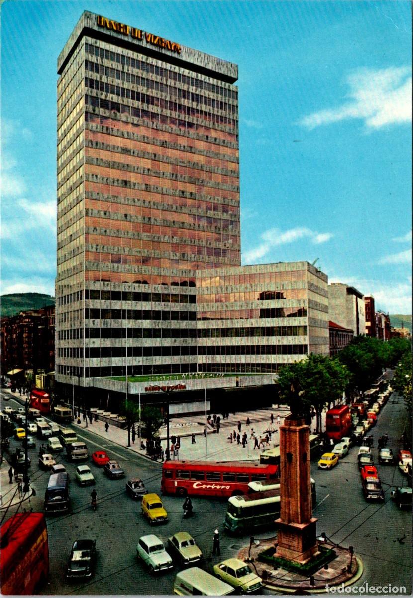 Postales: Bilbao - Plaza Espa&ntilde;a - Banco de Vizcaya - Troleb&uacute;s 2 pisos x3 - Urbano - Corber&oacute; - Soberano