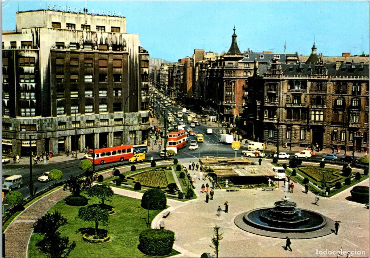 Postales: Bilbao - Plaza D. Federico de Moyua - Troleb&uacute;s 2 pisos - Seguros Aurora - Jardines en Obras