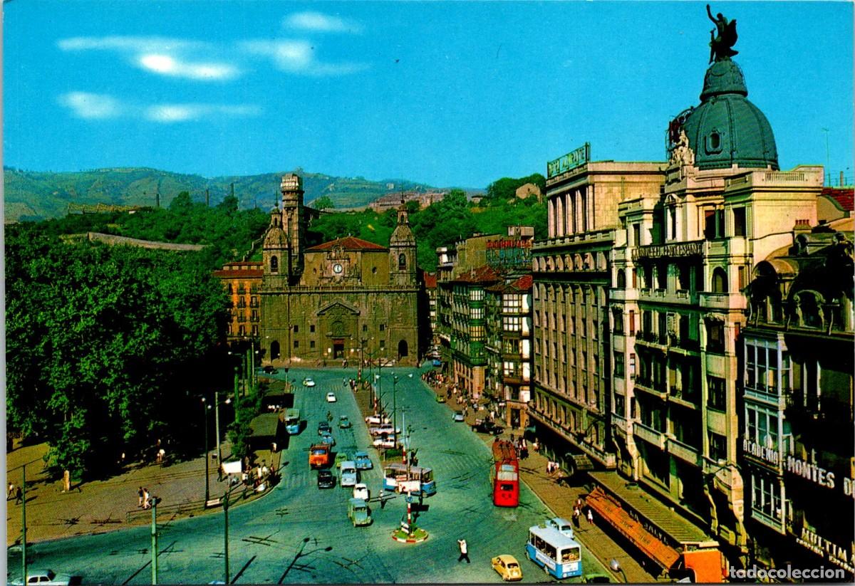 Postales: Bilbao - Arenal - Iglesia de San Nicol&aacute;s de Bari y vista parcial - Troleb&uacute;s 2 pisos