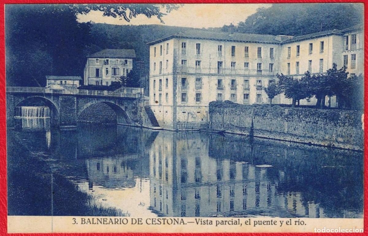 Postales: Balneario de Cestona - Guipuzcoa - Vista parcial, el puente y el r&iacute;o