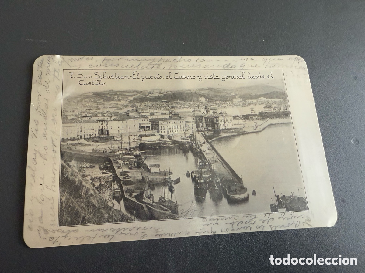 Postales: Postal Met&aacute;lica. SAN SEBASTI&Aacute;N. El Puerto , el Casino y vista general desde el castillo .