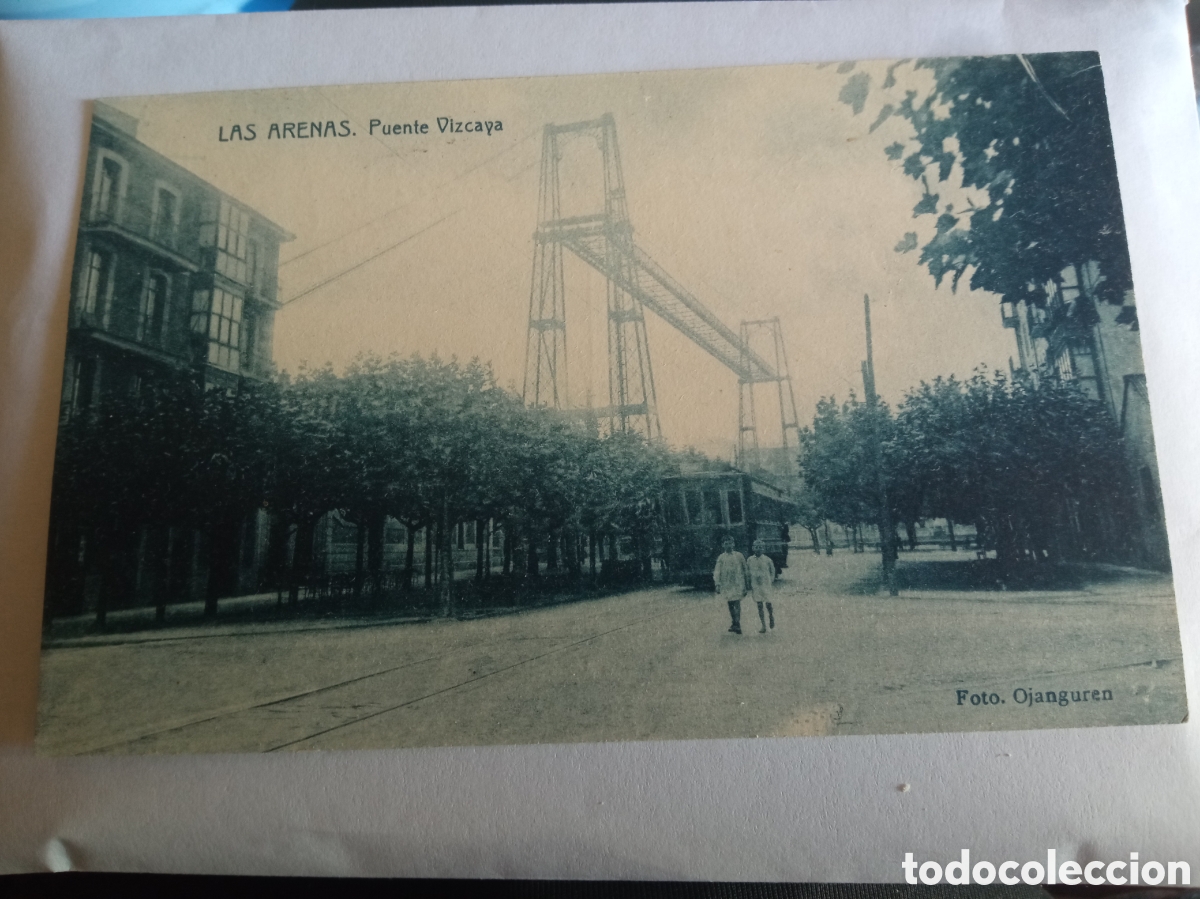 Postales: Antigua postal fotogr&aacute;fica, Las Arenas, Puente de Vizcaya, sellada y matasellada en 1925