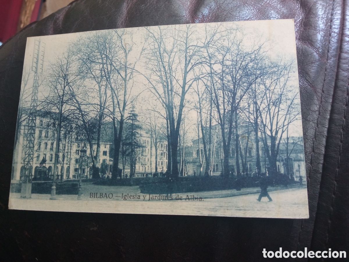 Postales: Antigua postal fotogr&aacute;fica, Bilbao, Iglesia y Jard&iacute;nes de Albia, sellada y matasellada