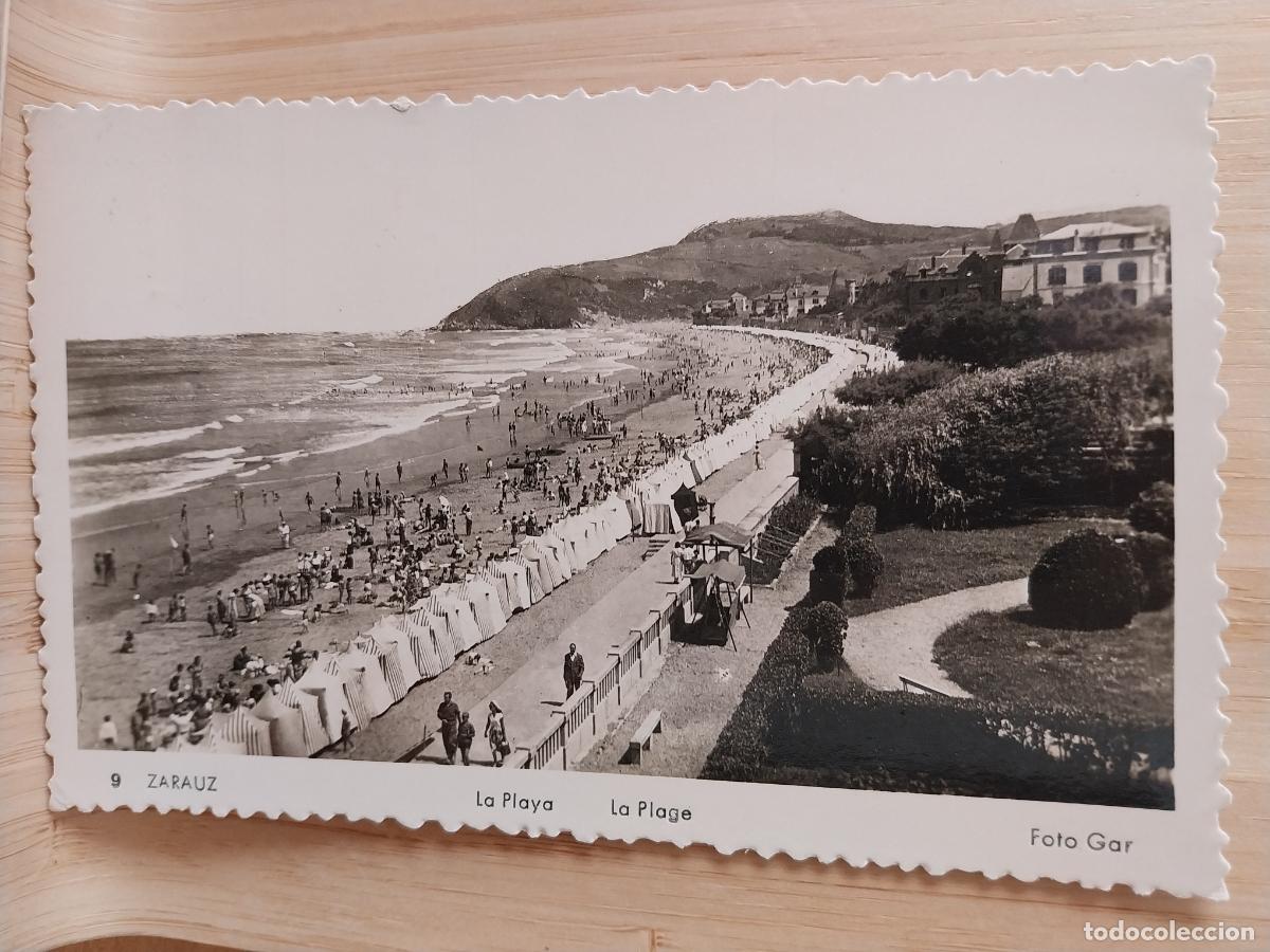 Postales: ZARAUZ PLAYA ED FOTO GAR 9 CIRCULADA A&Ntilde;OS 50 ANIMADA CASETAS