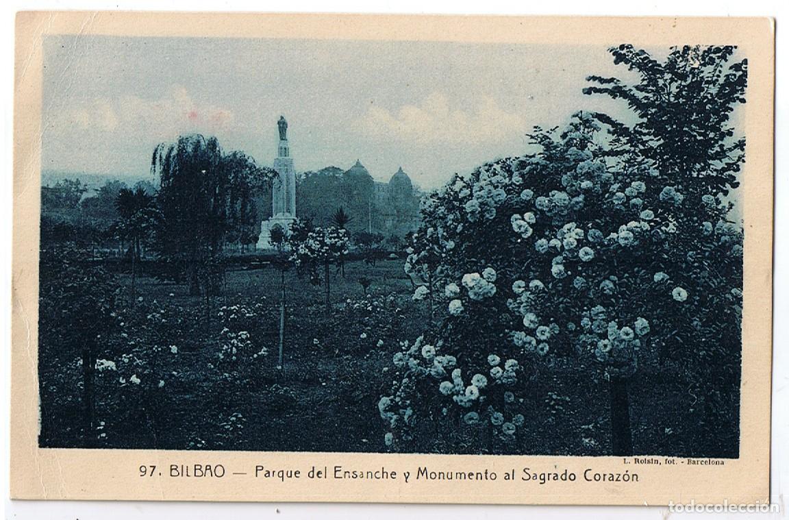 Postales: Parque del Ensanche y Monumento Sagrado Coraz&oacute;n, Bilbao. Postal usada del a&ntilde;o 1936