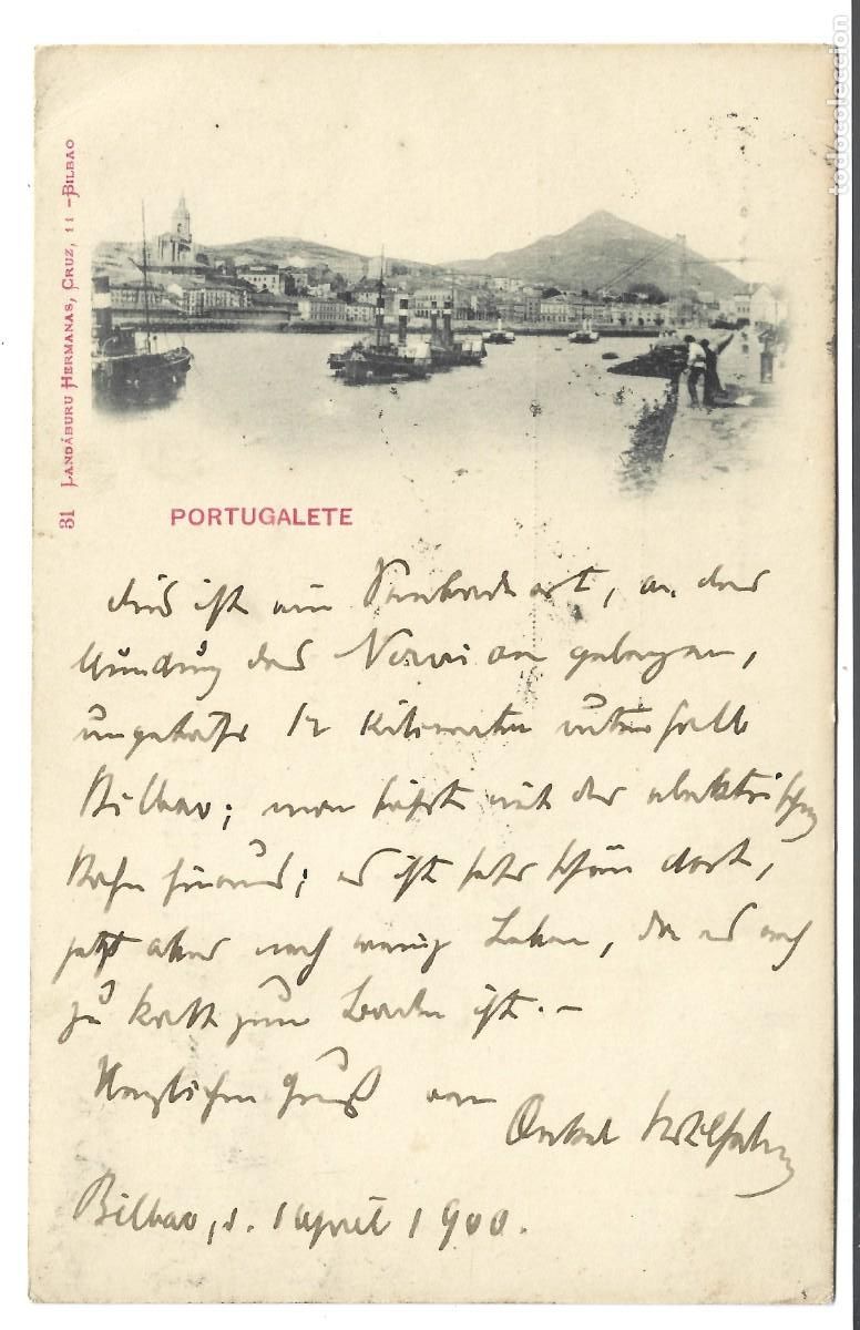 Postales: PORTUGALETE 1900 POSTAL CIRCULADA SELLO PEL&Oacute;N REVERSO