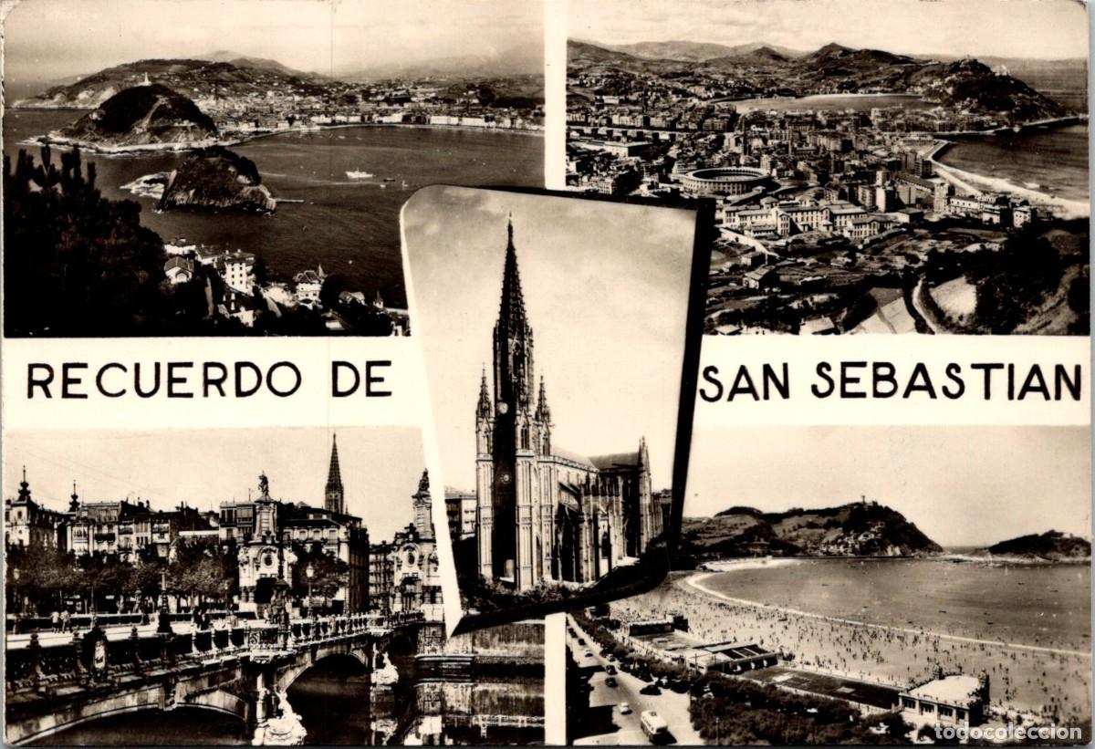 Postales: San Sebasti&aacute;n - Multi Vistas - Foto Galarza n&ordm; 1 - 139x95mm -Balneario de La Perla- Troleb&uacute;s 2 pisos
