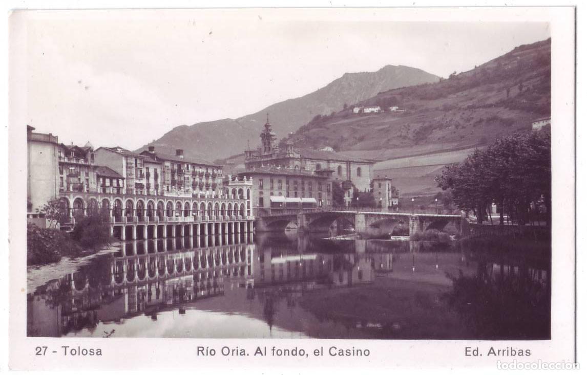 Postales: Tolosa (Guip&uacute;zcoa): R&iacute;o Oria. Al fondo el Casino. Ediciones Arribas. No circulada (A&ntilde;os 50)