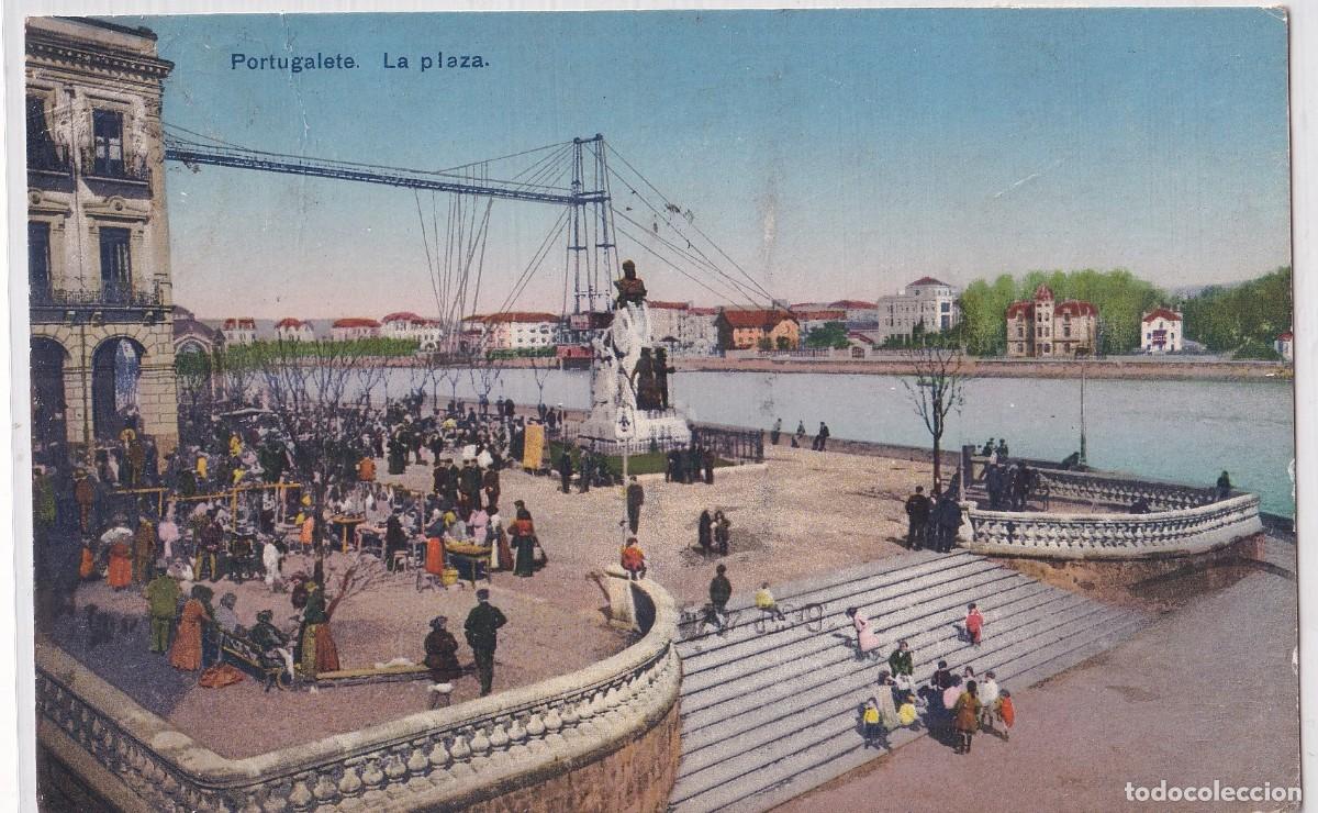 Postales: Bilbao Portugalete. La Plaza. L G Circulada con sello franc&eacute;s matasello franqueo curioso