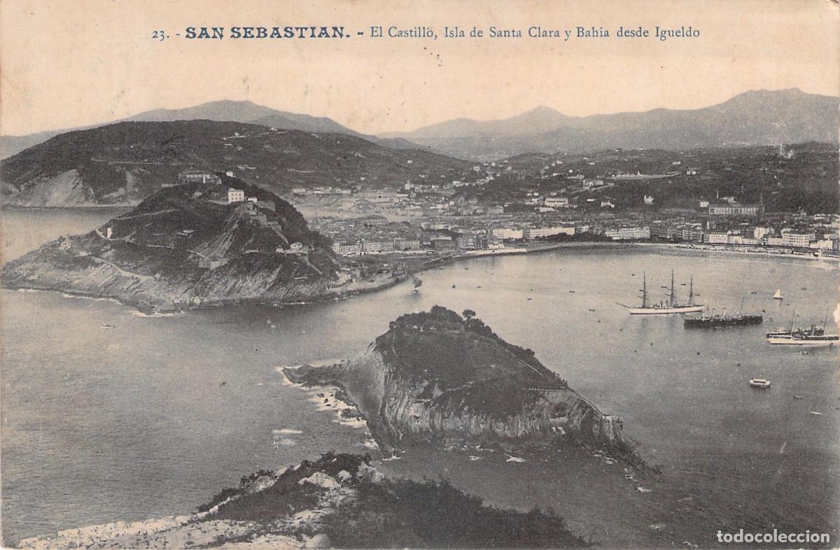 Postales: Postal de San Sebasti&aacute;n: Bah&iacute;a de la Concha e Isla Santa Clara desde Igueldo