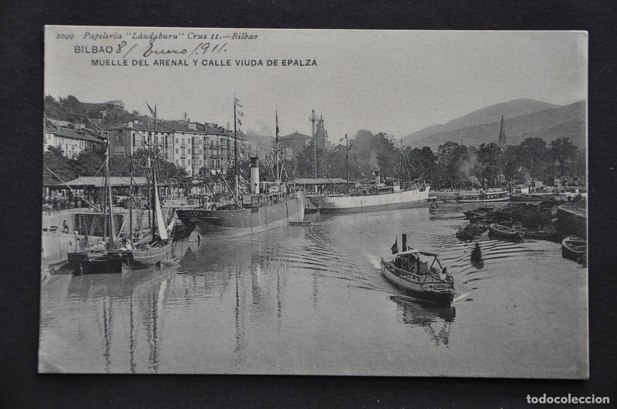 Postales: BILBAO - MUELLE DEL ARENAL Y CALLE VIUDA DE EPALZA - PAPELER&Iacute;A &rdquo;LAND&Aacute;BURU&rdquo;