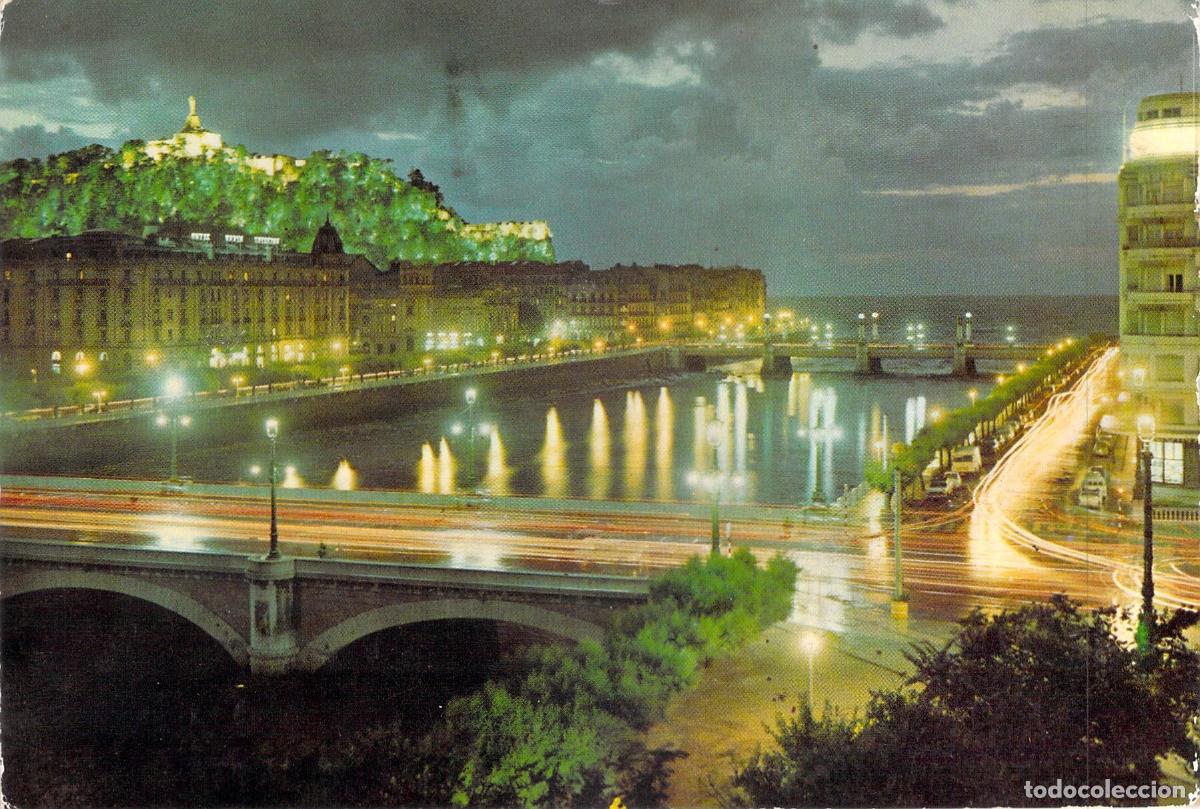 Postales: Postal de San Sebasti&aacute;n: R&iacute;o Urumea y Puentes en Vista Nocturna