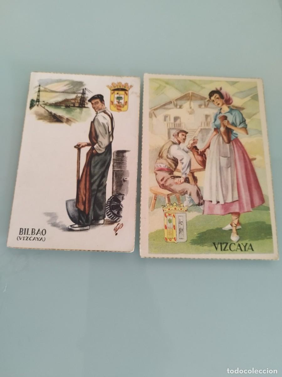 Postcards: 2 tarjetas postales trajes t&iacute;picos vascos de Vizcaya con una ilustraci&oacute;n de estilo regionalista.