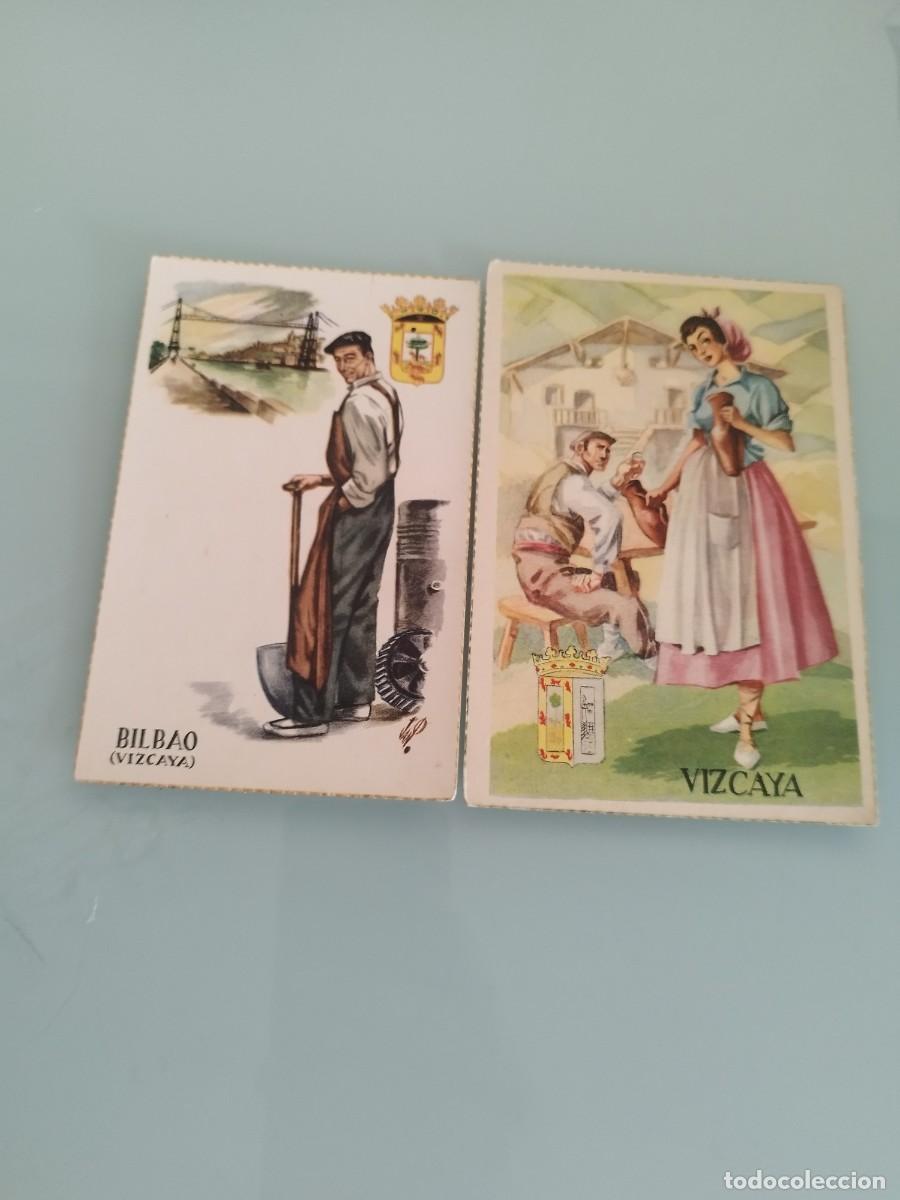 Postcards: 2 tarjetas postales trajes t&iacute;picos vascos de Vizcaya con una ilustraci&oacute;n de estilo regionalista.