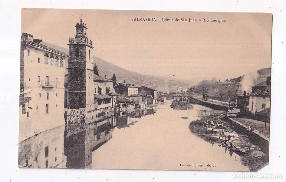 Postales: POSTAL. VALMASEDA. BALMASEDA. IGLESIA DE SAN JUAN Y R&Iacute;O CALABIA.