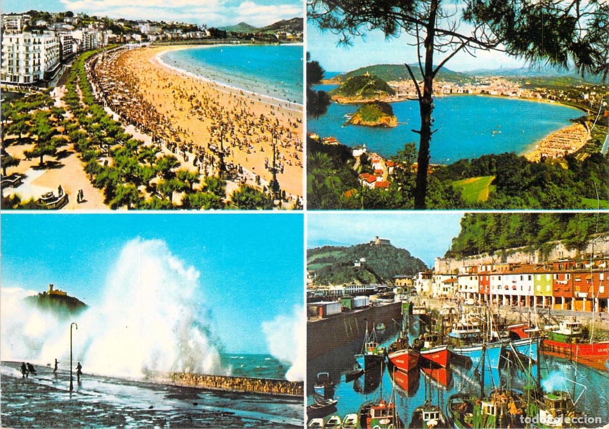 Postales: Postal Multi-vista de San Sebasti&aacute;n: Playa de la Concha, Puerto y Temporal