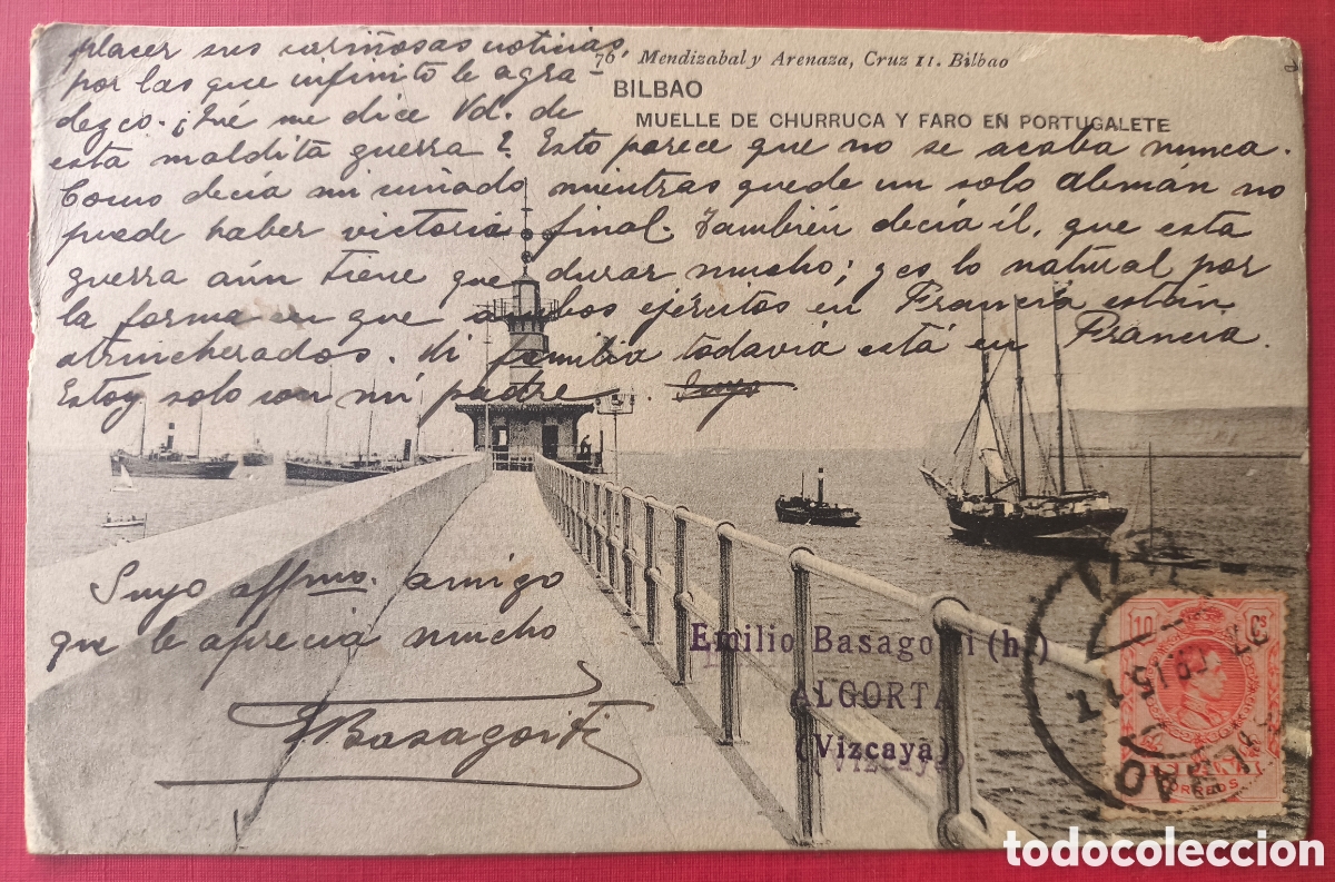 Postales: BILBAO MUELLE CHURRUCA FARO PORTUGALETE POSTAL CIRCULADA FOTOTIPIA VIZCAYA 1915