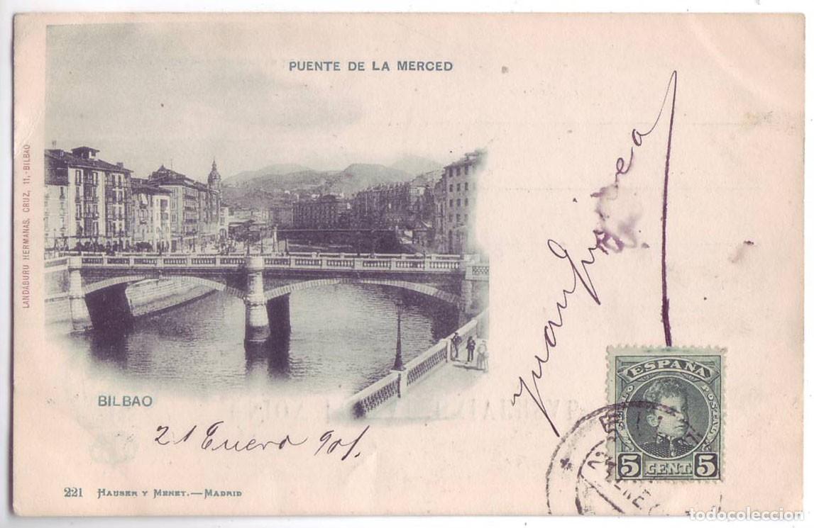 Postales: Bilbao: Puente de la Merced. Land&aacute;buru Hermanas / Hauser. Sin dividir. Escudo (1901)