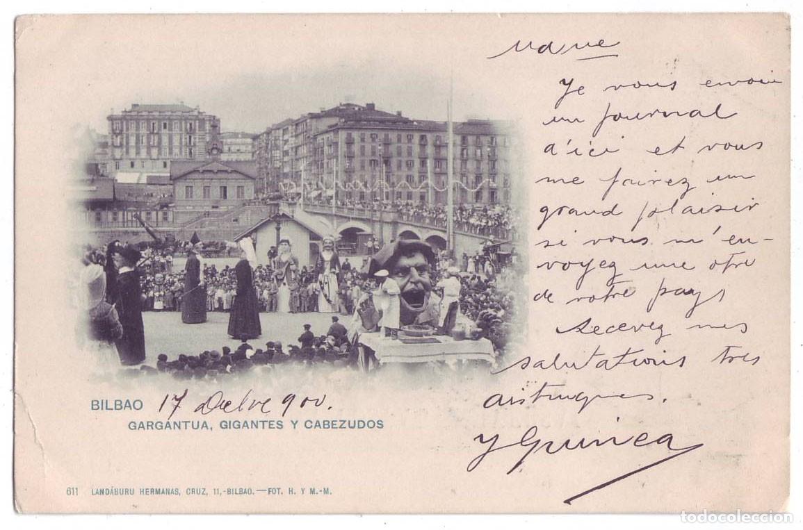 Postales: Bilbao: Gargant&uacute;a, Gigantes y Cabezudos. Land&aacute;buru Hermanas / Hauser. Sin dividir. Pel&oacute;n (1900)