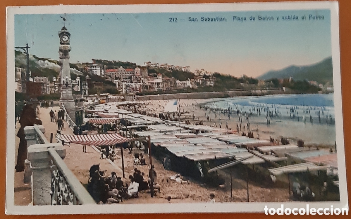 Postales: Postal San Sebasti&aacute;n coloreada. Playa de Ba&ntilde;os y subida al paseo. Escrita. R1153