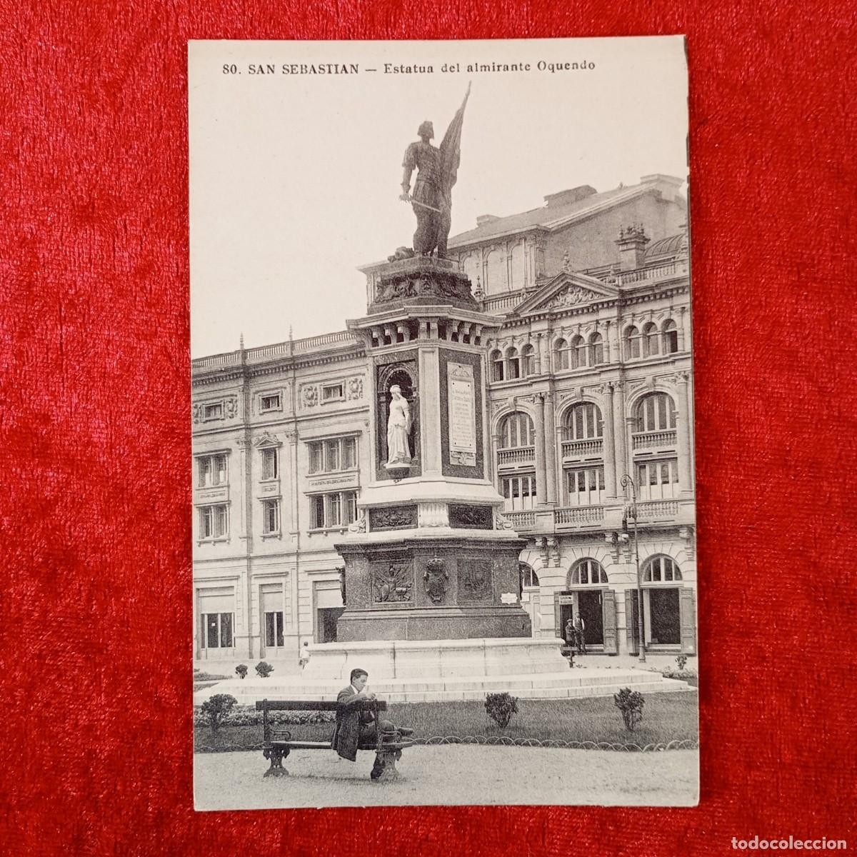 Postales: POSTAL - SAN SEBASTIAN - ESTATUA DEL ALMIRANTE OQUENDO - 80 - MAYOR HERMANOS - RAR&Iacute;SIMA / 1905