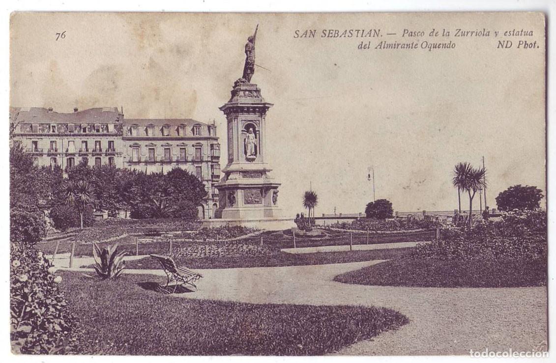 Postales: San Sebasti&aacute;n: Paseo de la Zurriola y Estatua del Almirante Oquendo. N.D. No circulada (A&ntilde;os 10)