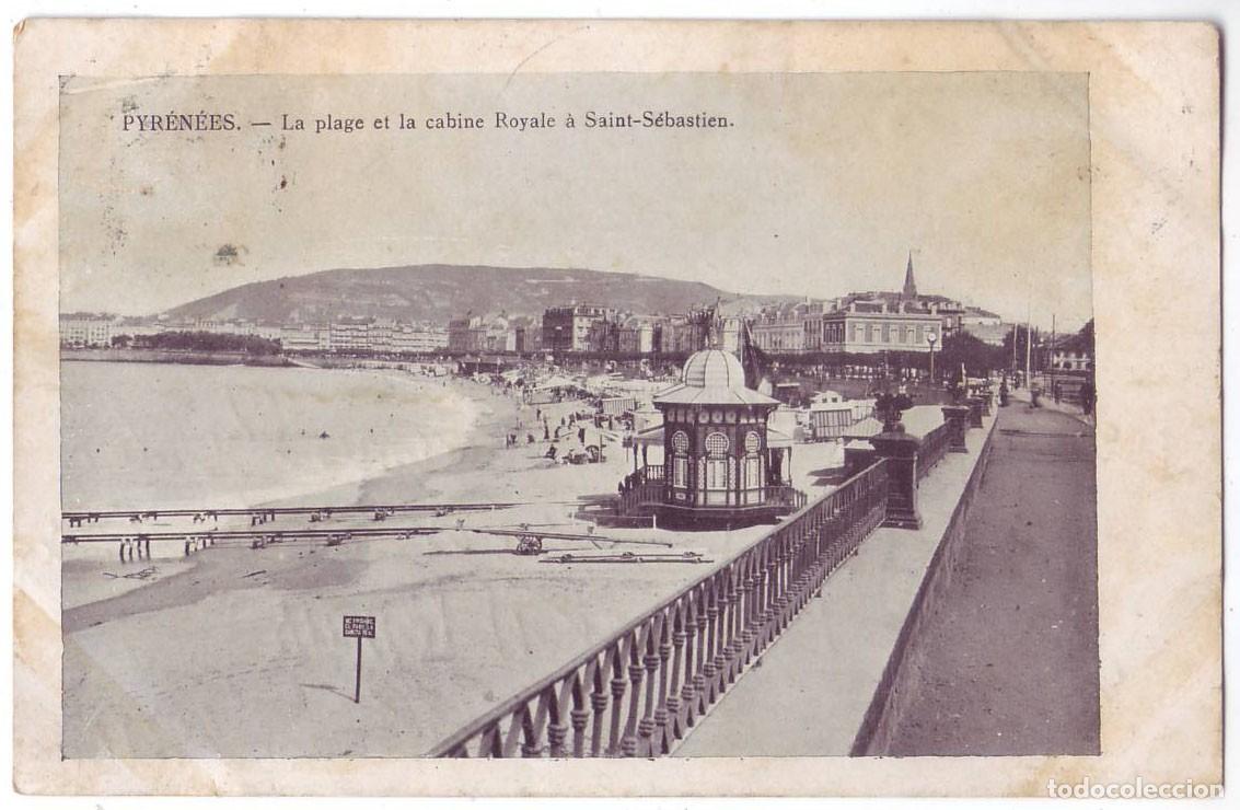 Postales: San Sebasti&aacute;n: La playa y la Caseta Real en San Sebasti&aacute;n. No consta editor. Circulada (1909)