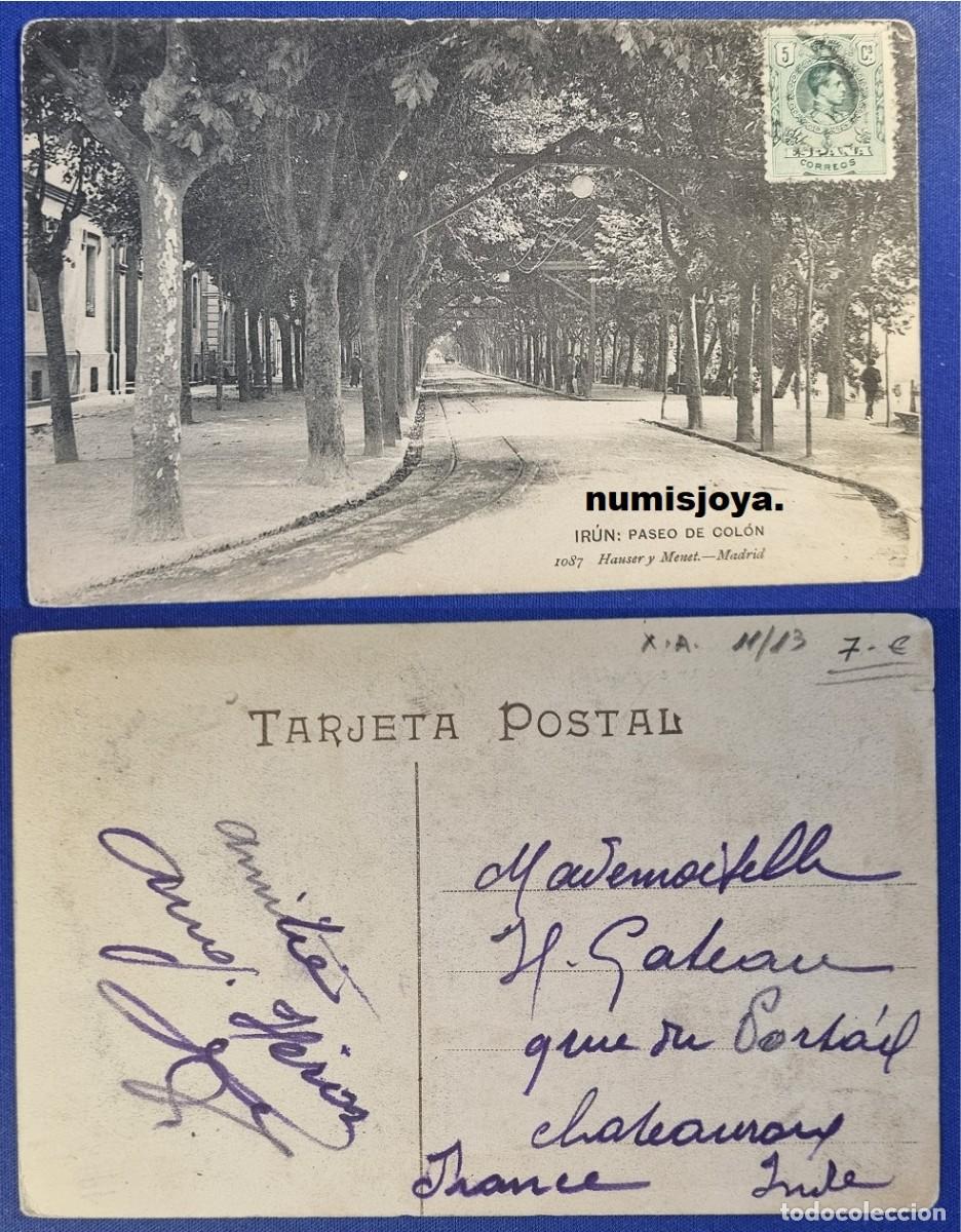 Postales: Postal de IRUN (Espa&ntilde;a) a&ntilde;o 1910. Paseo de Col&oacute;n. HAUSER Y MENET. Escrita con sello.