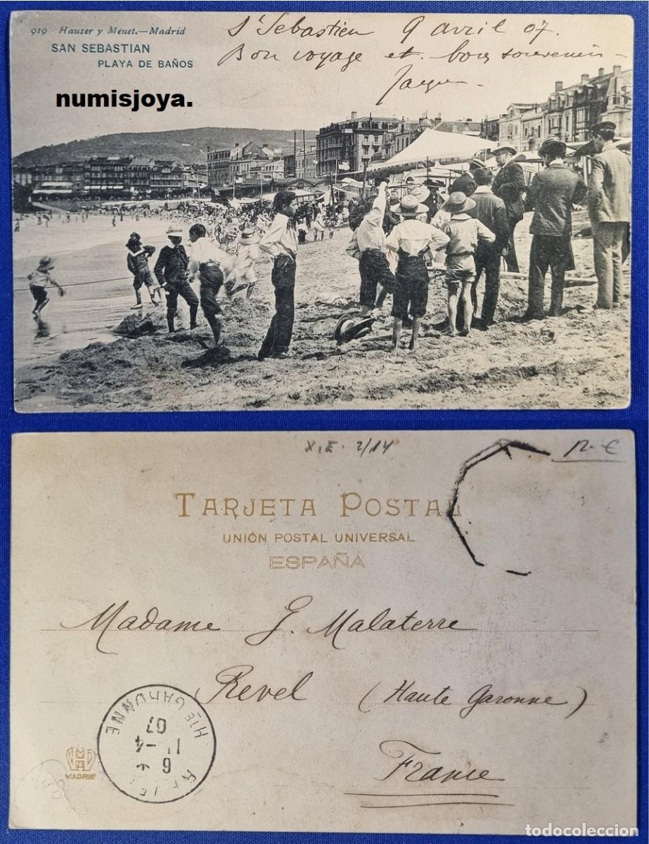 Postales: Postal San Sebasti&aacute;n (Espa&ntilde;a) a&ntilde;o 1900. PLAYA DE BA&Ntilde;OS. HAUSER Y MENET. Escrita en el a&ntilde;o 1907.