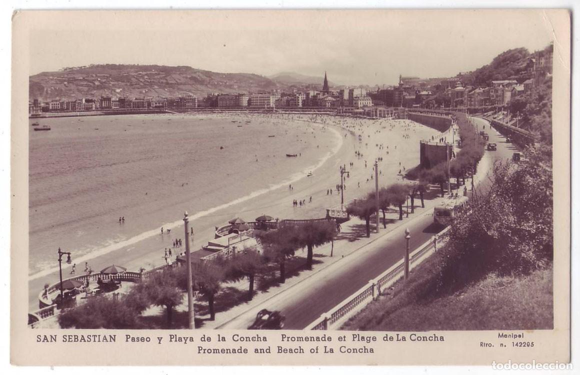 Postales: San Sebasti&aacute;n: Paseo y Playa de la Concha. Ediciones Manipel. No circulada (A&ntilde;os 40-50)