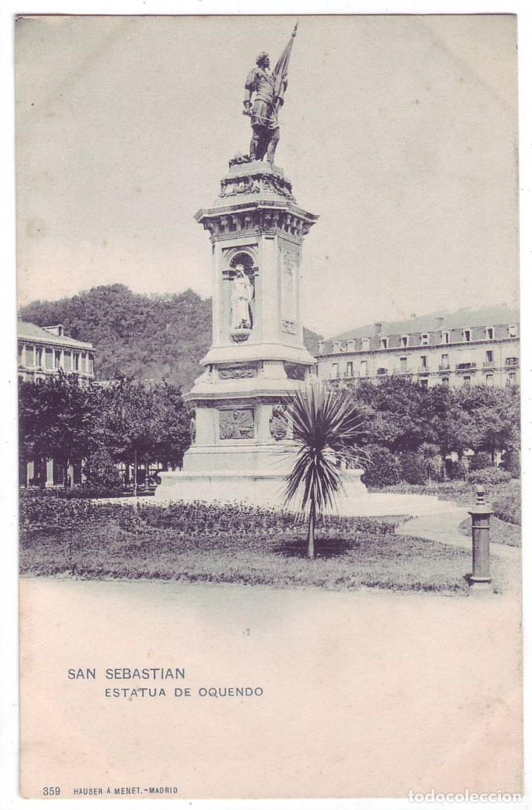 Postales: San Sebasti&aacute;n: Estatua de Oquendo. Hauser y Menet. Sin dividir. No circulada (Anterior a 1905)