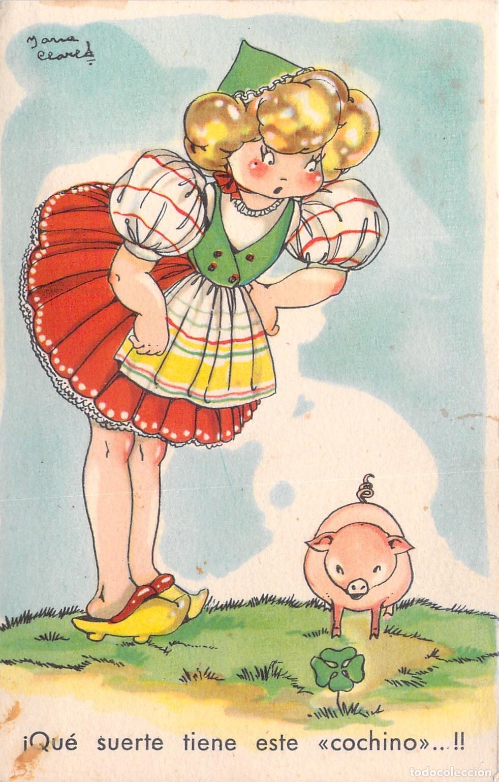 Postales: Postal ilustrada de ni&ntilde;a y cerdito con frase humor&iacute;stica Serie Mari-Pepa
