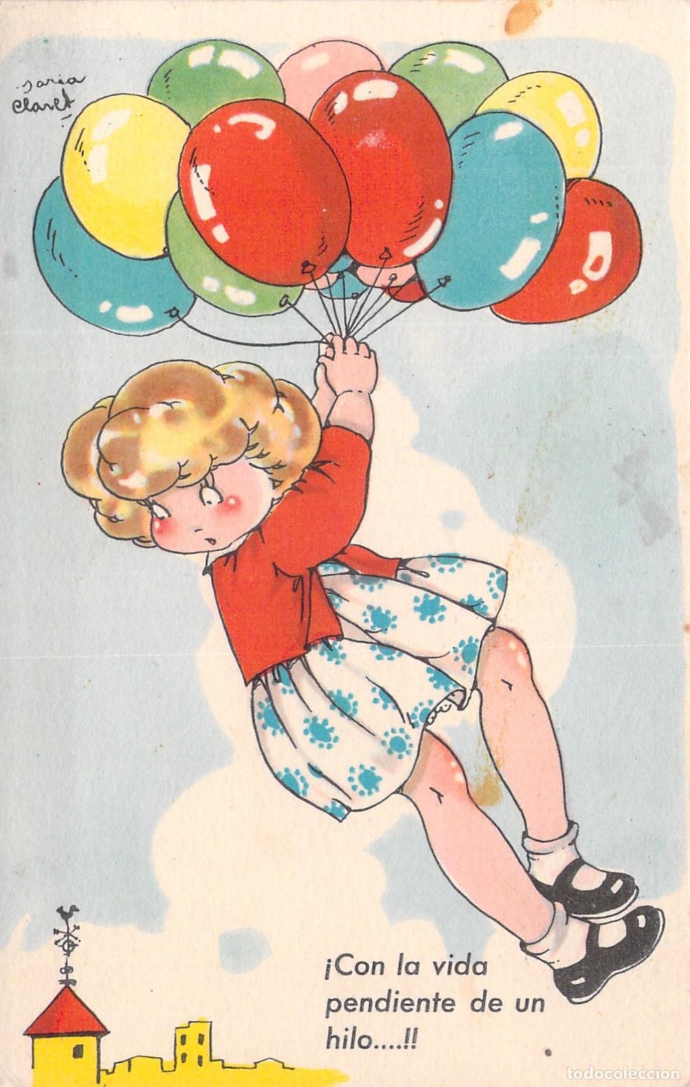 Postales: Postal ilustrada de ni&ntilde;a volando con globos - Serie Mari-Pepa
