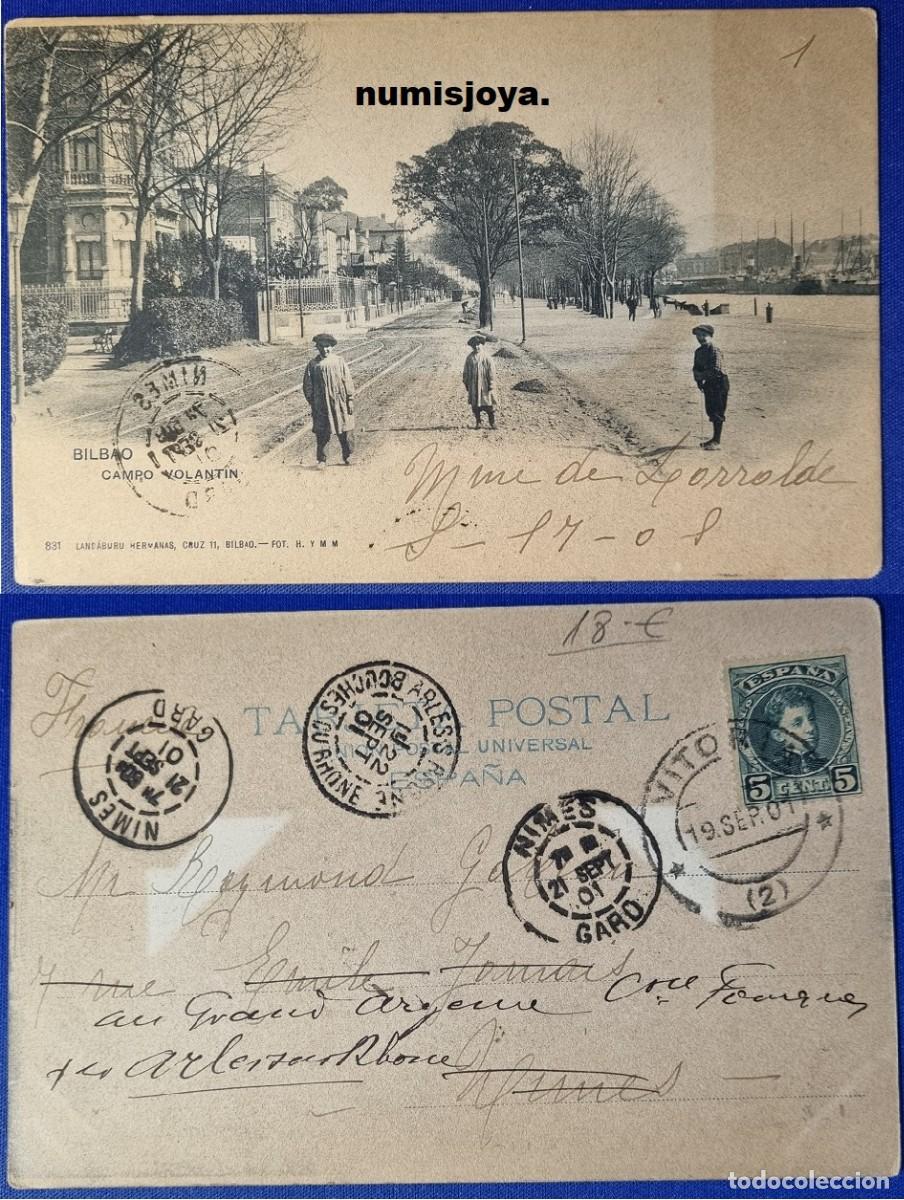 Postales: Postal Bilbao Espa&ntilde;a a&ntilde;o 1900 CAMPO VOLANTIN. Uni&oacute;n Postal Universal. Escrita en 1901 con sello.