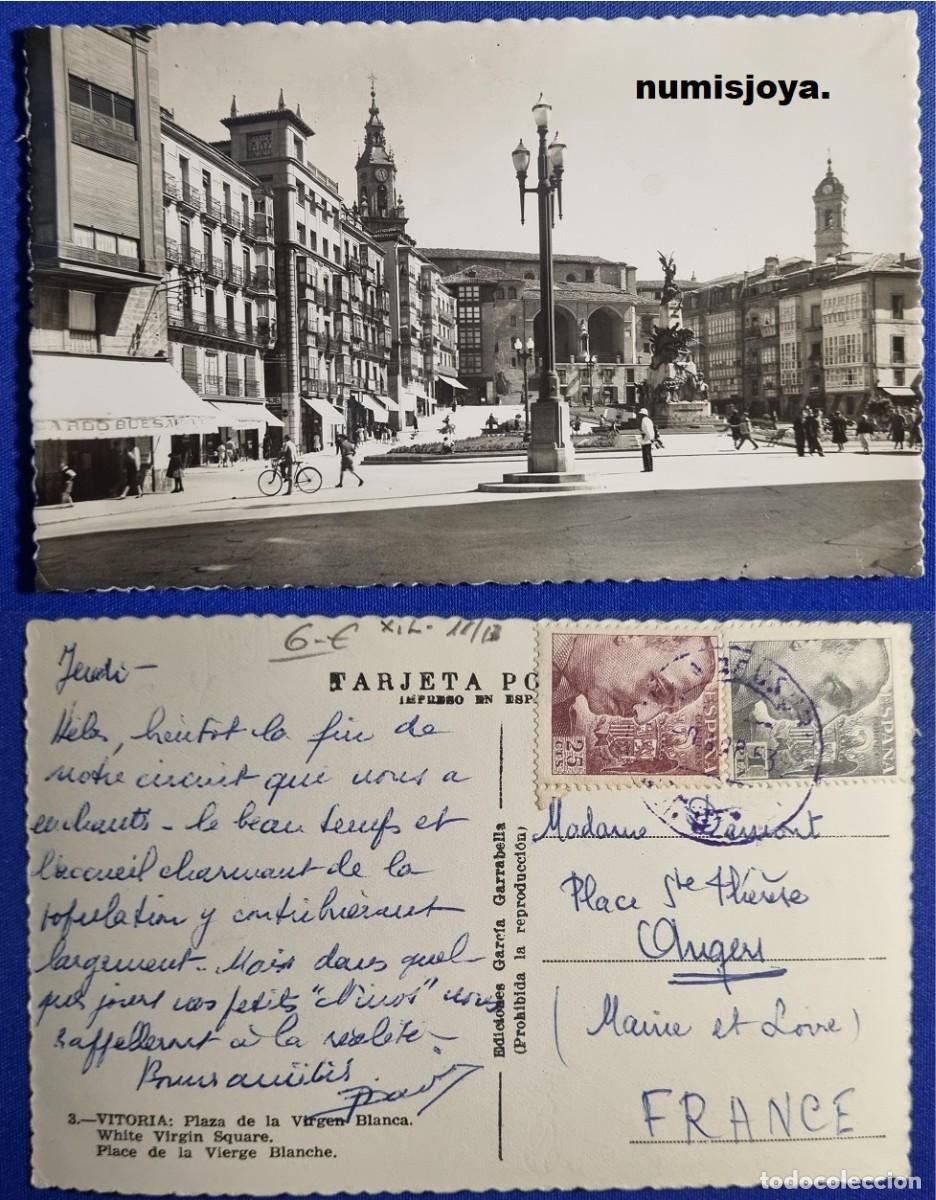 Postales: Postal Vitoria Espa&ntilde;a a&ntilde;o 1950. Plaza de la Virgen Blanca. Ed. Garrabella. Escrita en 1953 sellos.