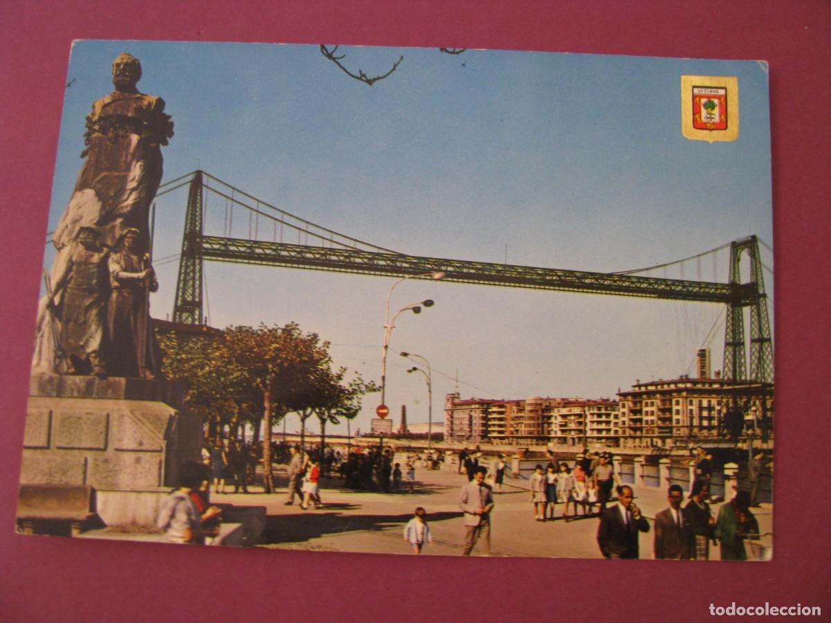 Postales: POSTAL DE PORTUGALETE. MONUMENTO A CHAVARRI Y PUENTE DE VIZCAYA. DOMINGUEZ 61.