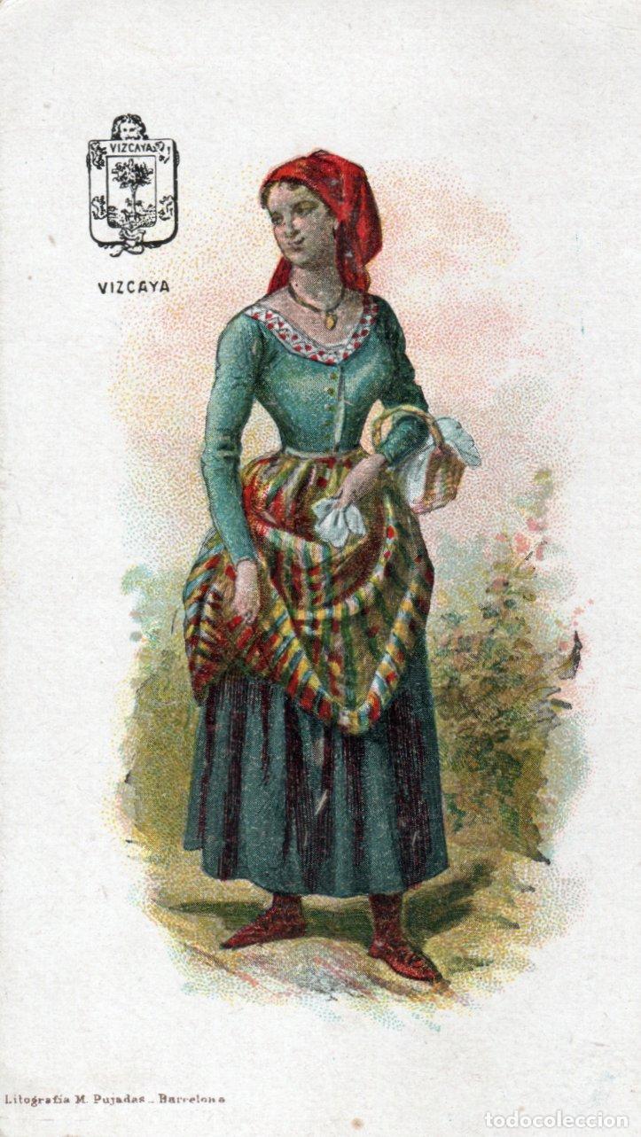 Postkarten: BONITA POSTAL - VIZCAYA - MUJER ATAVIADA CON TRAJE REGIONAL - PUBLICIDAD CHOCOLATES LA SULTANA