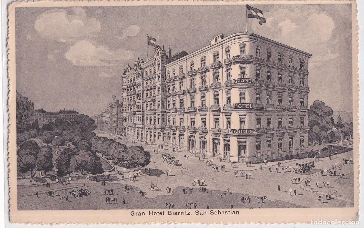 Postales: BONITA POSTAL - SAN SEBASTIAN - GRAN HOTEL BIARRITZ CIRCULADA EN 1918 SELLO DESPRENDIDO