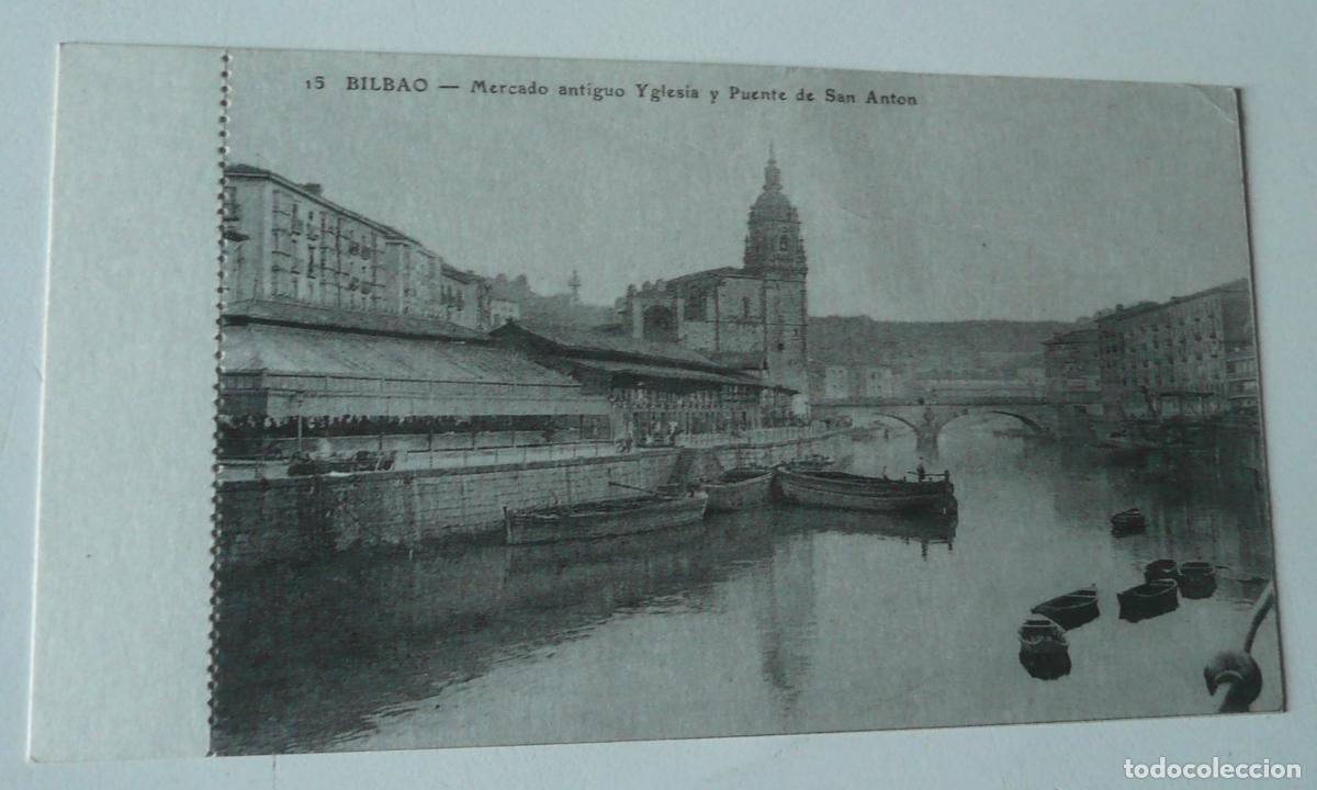 Postais: Reproducci&oacute;n de antigua postal en b/n de Bilbao. Mercado Antiguo, Iglesia y Puente de San Ant&oacute;n