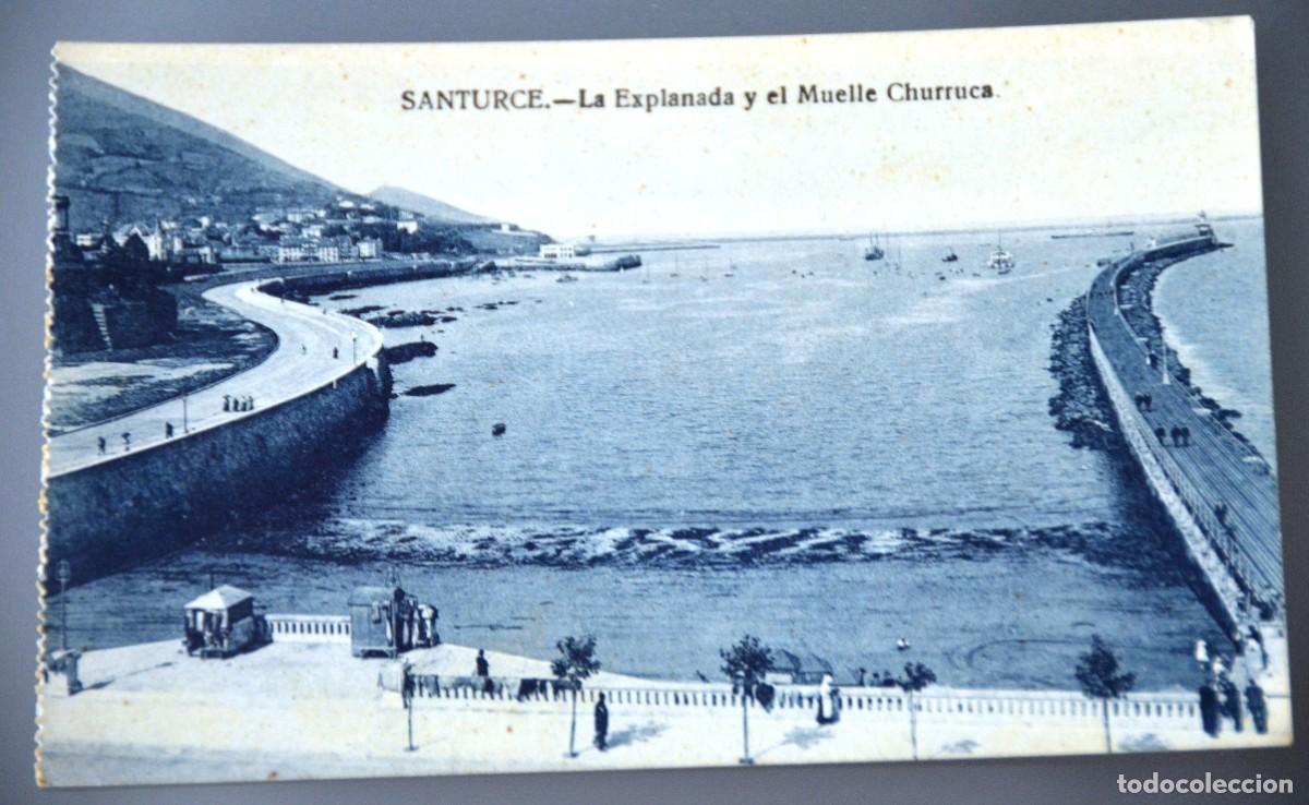 Postales: POSTAL ANTIGUA SANTURCE (VIZCAYA) - LA EXPLANADA Y EL MUELLE CHURRUCA - ED. L.G. BILBAO.