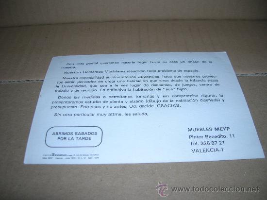 Postales: Postal publicitaria Muebles MEYP, Valencia. Año 1979. Mide 15 x 10,5 cm., sin usar, ver fotos. - Foto 2 - 26412987