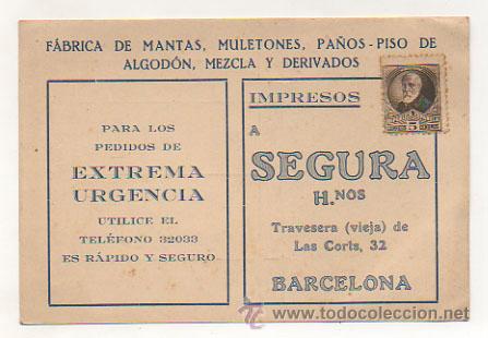 Cartes Postales: POSTAL PUBLICITARIA. FABRICA DE MANTAS, MULETONES, PA&Ntilde;OS. 'A. SEGURA HNOS.' TARJETA DE PEDIDO.