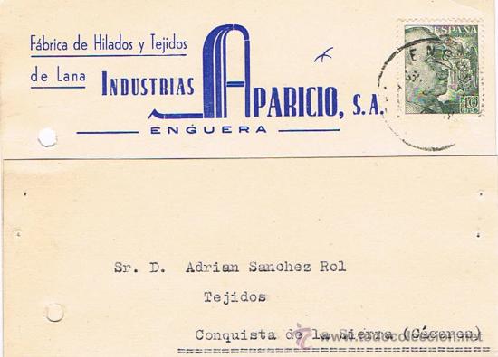 Postkarten: TARJETA POSTAL PUBLICITARIA, INDUSTRIAS APARICIO S.A.,F&Aacute;BRICA DE HILADOS, ENGUERA,30 DICIEMBRE 1.953