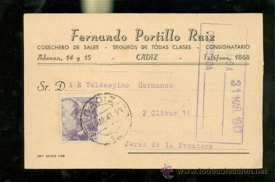 Postcards: TARJETA POSTAL PUBLICITARIA. FERNANDO PORTILLO RUIZ. 1943.