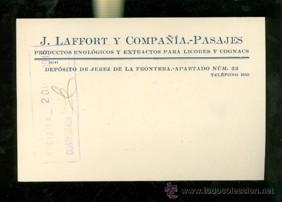Postkarten: TARJETA POSTAL PUBLICITARIA. J.LAFFORT Y COMPA&Ntilde;IA. - PASAJES. LICORES Y COGNACS. 1949.