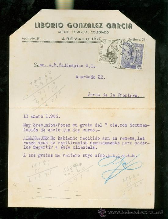 Postkarten: TARJETA POSTAL PUBLICITARIA. LIBORIO GONZALEZ GARCIA. AGENTE COMERCIAL. AVILA. 1946.