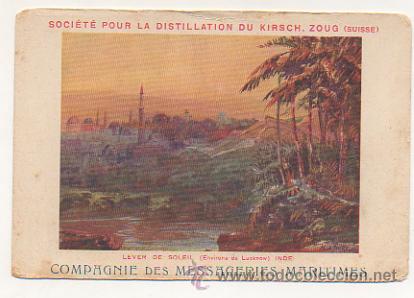 Postales: COMPAGNIE DES MESSAGERIES MARITIMES. INDIA. SOC. POUR LA DISTILLATION DU KIRSCH, ZOUG (SUISSE).