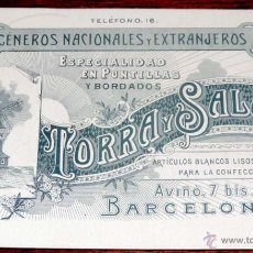Postales: TARJETA DE PUBLICIDAD DE TORRA Y SALA - ESPECIALIDADES EN PUNTILLAS Y BORDADOS - BARCELONA - NO ES U. Lote 40752416