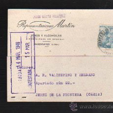 Postales: TARJETA POSTAL PUBLICITARIA. VINOS Y ALCOHOLES REPRESENTACIONES MARTIN. MANZANARES (C.REAL). 1946